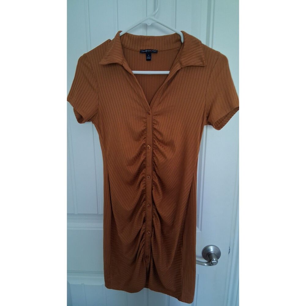 Timing Women’s Small Brown Ribbed Ruched Button Front Collared Bodycon Dress